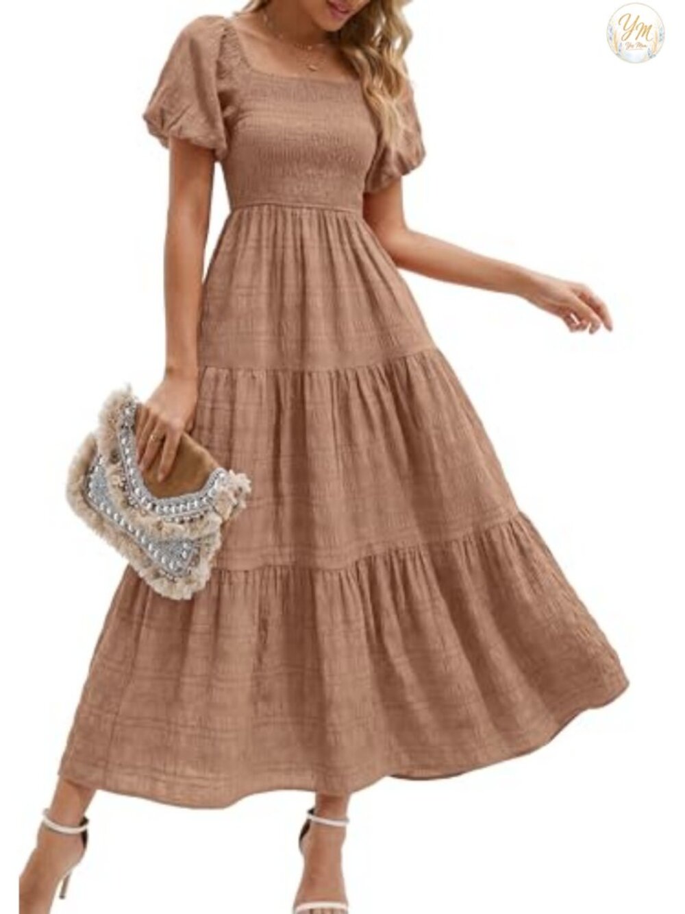 Puff Short Sleeve Square Neck A-Line Maxi Dress with Pockets
